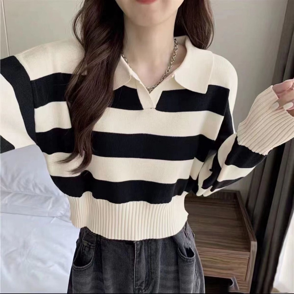 Kaos Stripe Rajut Wanita Lengan Panjang Korean Style Shirt Collar Baju Garis Garis Wanita