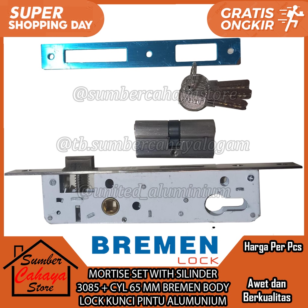 KUNCI PINTU ALUMUNIUM ALUMINIUM KAYU MORTISE SET WITH SILINDER  3085 + CYL 65 MM BREMEN BODY LOCK BO