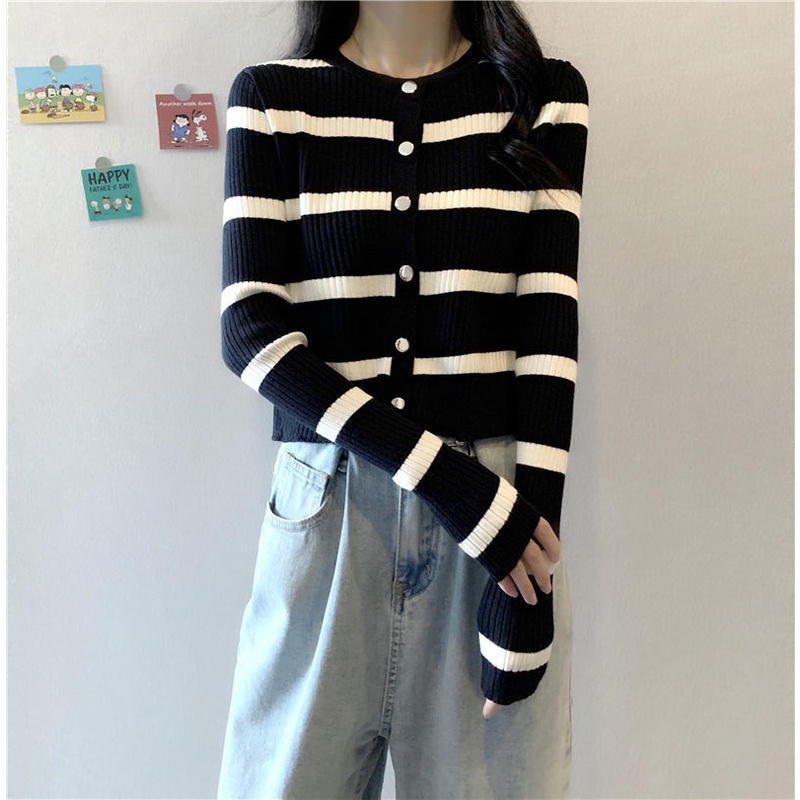 Cardigan Kancing Rajut Wanita Panjang Stripe Lengan Panjang Casual Top