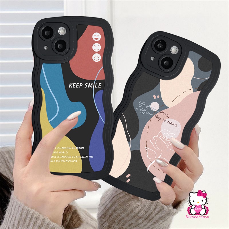 Bunga Soft Case Realme C53 C35 C25Y C15 C11 2020 C25s C25 C21Y 6i 5i C3 C20 C20A C11 2021 5s 5 C2 C1 C12 C20A Abstrak Art Moranti Jahitan Bergelombang Tepi Smiley Hitam Phone Cover