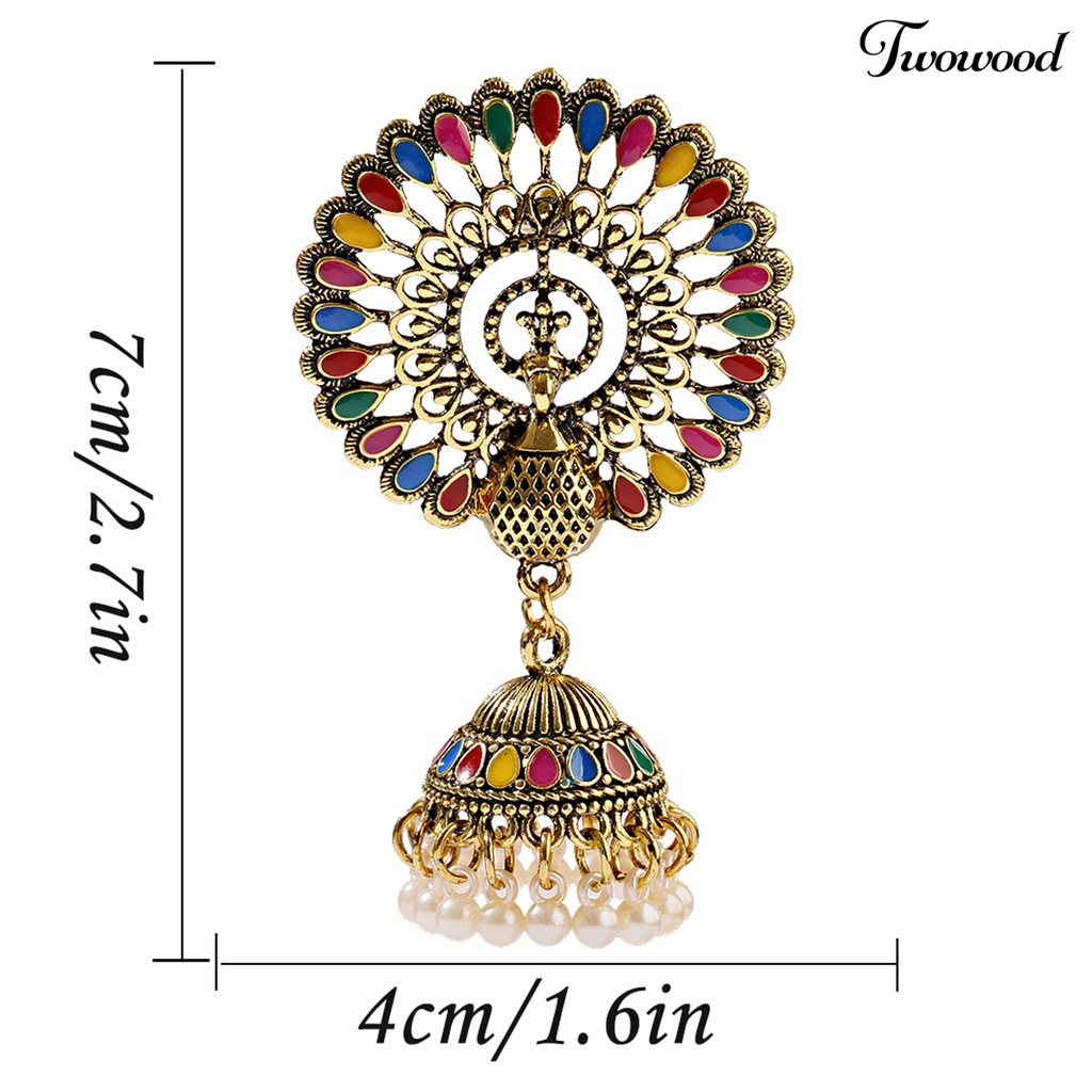 2 Pcs Anting Juntai Liontin Merak Rumbai Mutiara Tiruan Geometris Warna-Warni Gaya Indian Untuk Wanita