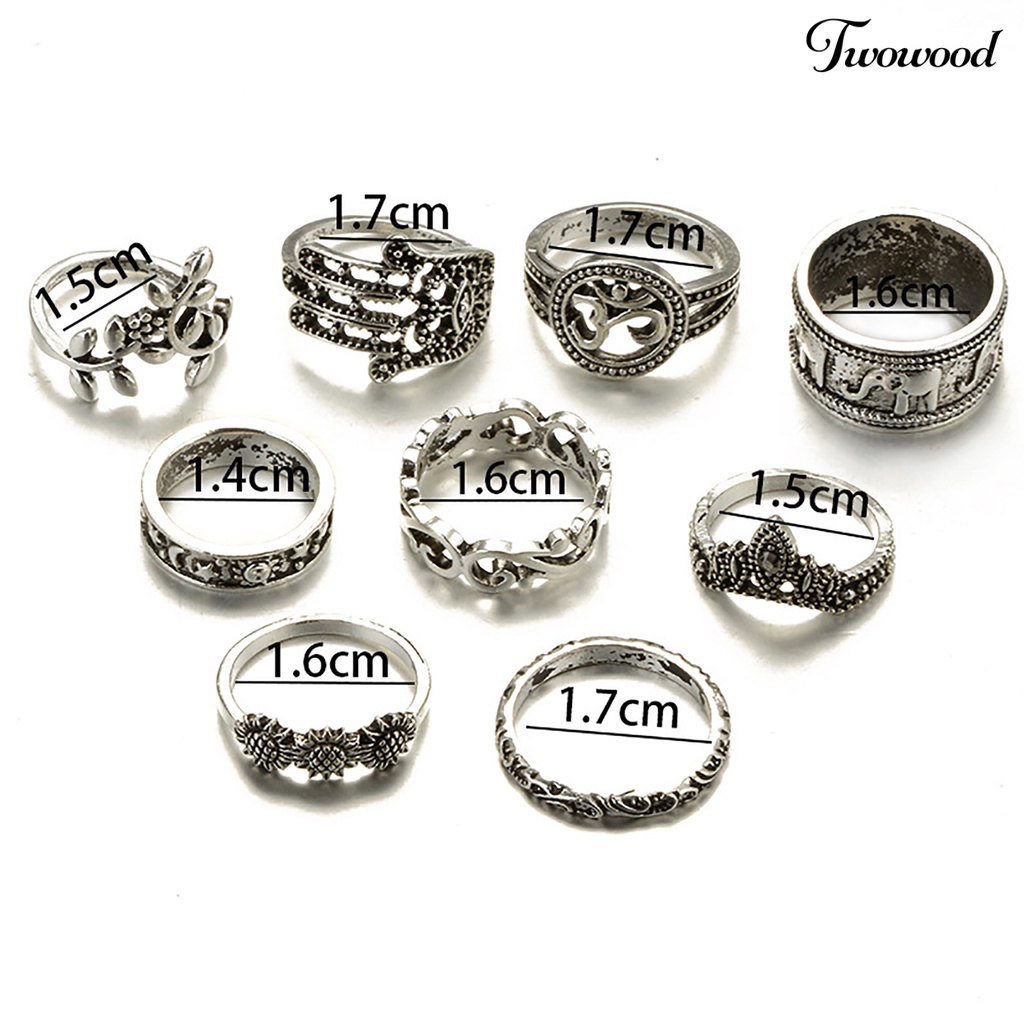 9 Pcs Cincin Knuckle Desain Ukiran Bunga Model Hollow Warna Silver Gaya Bohemia