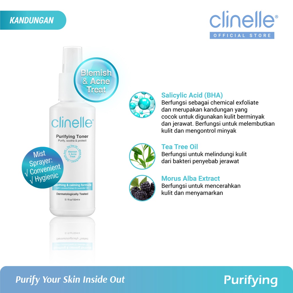 (Best Seller) CLINELLE Purifying Toner 150 ml - Spray Toner Wajah Untuk Kulit Berminyak / Jerawat Me