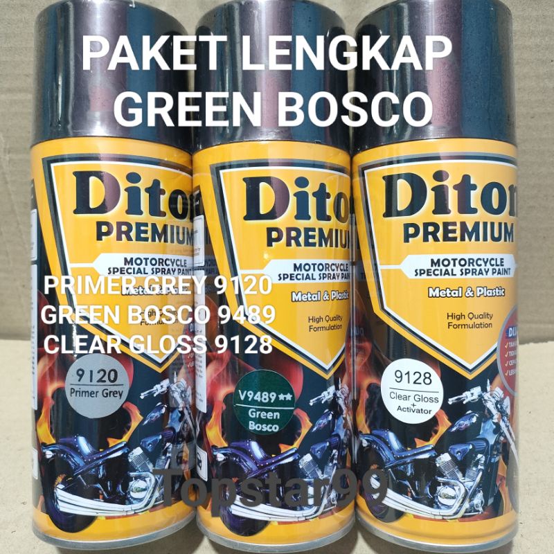 Pilok Cat Diton Premium Paket Lengkap 3 Kaleng Green Bosco 9489 Hijau Tua Metalik Primer Grey 9120 Clear Gloss 9128 400cc Pilox Paketan Cat Semprot Special Spray Paint