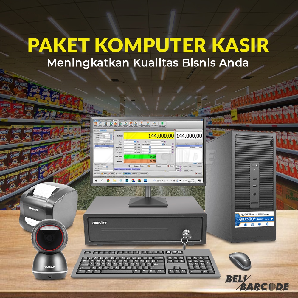 Full Satu Set Paket Kasir Komputer Scanner Barcode Printer Thermal Cash Drawer Codeshop