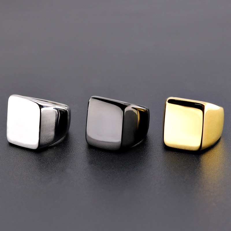 Cincin Bentuk Persegi Geometris Klasik Bahan Titanium Stainless Steel Warna Hitam Silver Untuk Pria