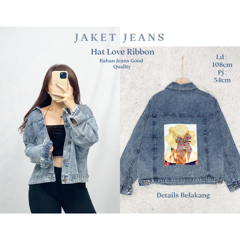 Jaket Jeans Hat Love Ribbon / JAKET WANITA TERBARU / JEANS WASH / JAKET JEANS WANITA
