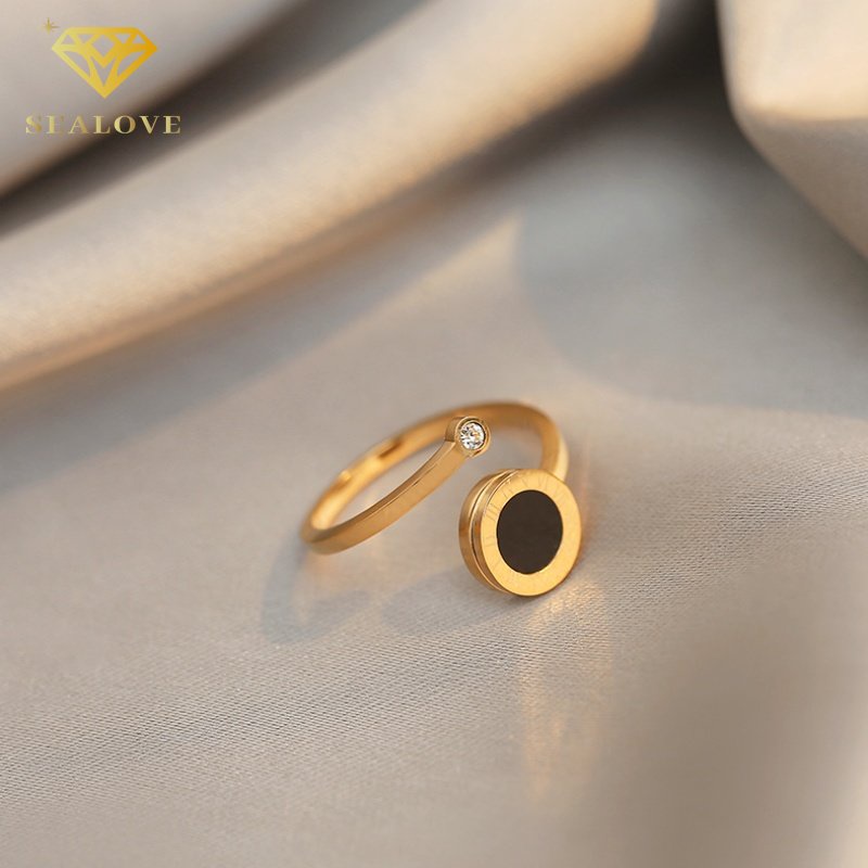 Cincin Titanium Steel Lingkaran Hitam Bilah Horizontal Gold Intan Sederhana Cicin Wanita