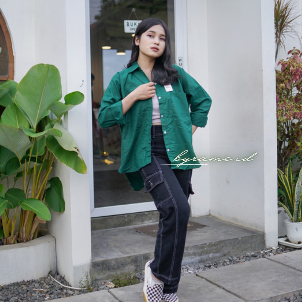Kemeja Wanita Oversize Linen Olivia Shirt Linen Pocket Oversize-FOREST GREEN