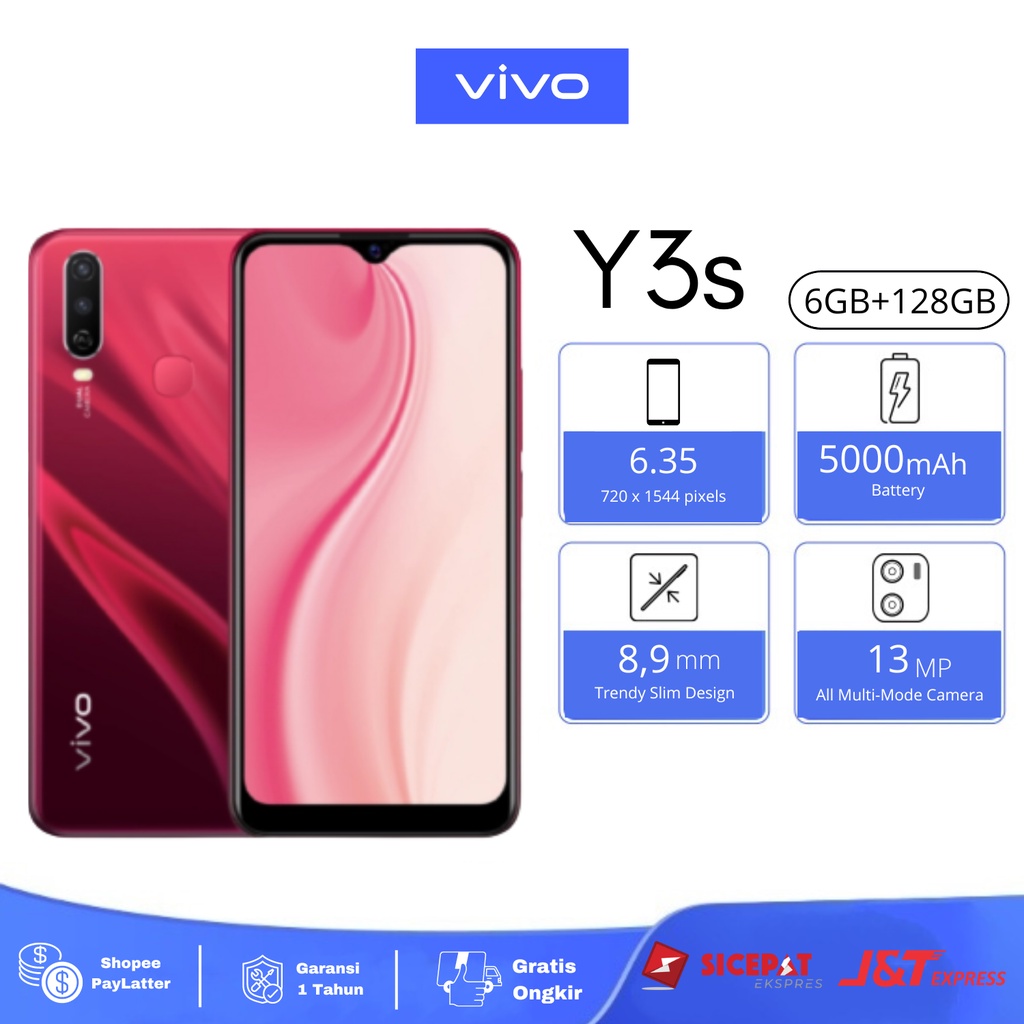 Vivo Y3S HP Murah RAM 6GB/128GB Layar 6.35" Baterai 5000mAh Smartphone Original Bergaransi 1 Tahun