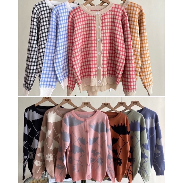 Knit Cardigan Crew Neck Motif / Cardi Outer Rajut Wanita Import