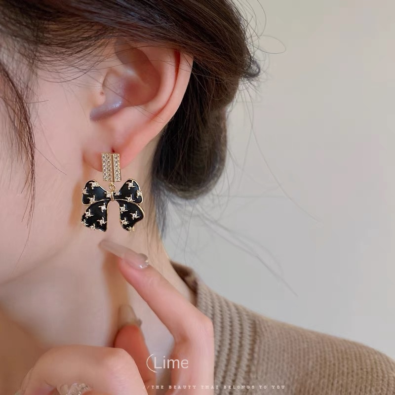 Anting Silver Needle 925 Desain Pita Hitam Gaya Barat Untuk Wanita