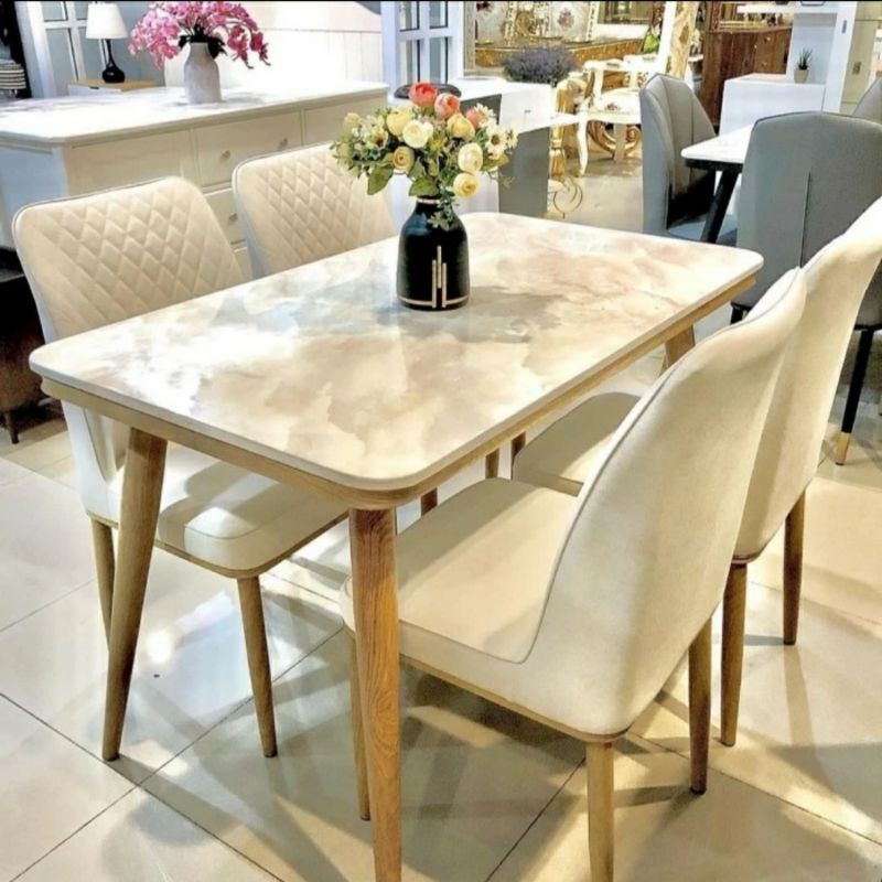 Set meja makan marmer Carara Kursi sofa meja marmer carara
