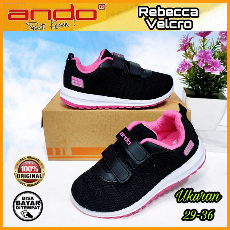 Sepatu Anak Perempuan Cewek Kecil Sekolah Kekinian Ando Annie Rebecca Saga Velcro Perekat Hitam Pink Size 29 - 32