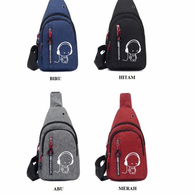 Tas Selempang Pria Import USB Slempang Kanvas Slingbag Cowok Original - Abu-abu