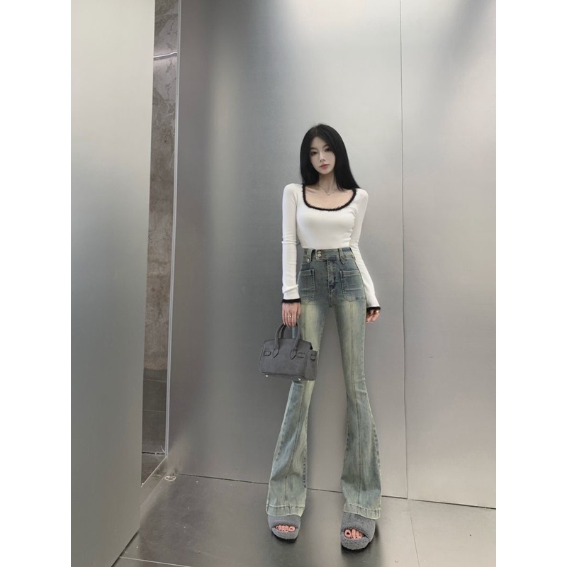 Suhao Skinny Jeans Wanita Musim Gugur 2022 Baru Micro Berkobar Mengepel Celana Pinggang Tinggi Slim Fit Lebar Kaki Celana Berkobar