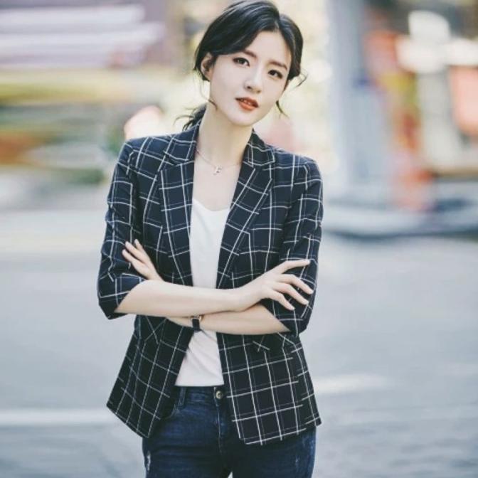 Jas Blazer Wanita Semi Formal Motif Kotak Style Korea Storaadina