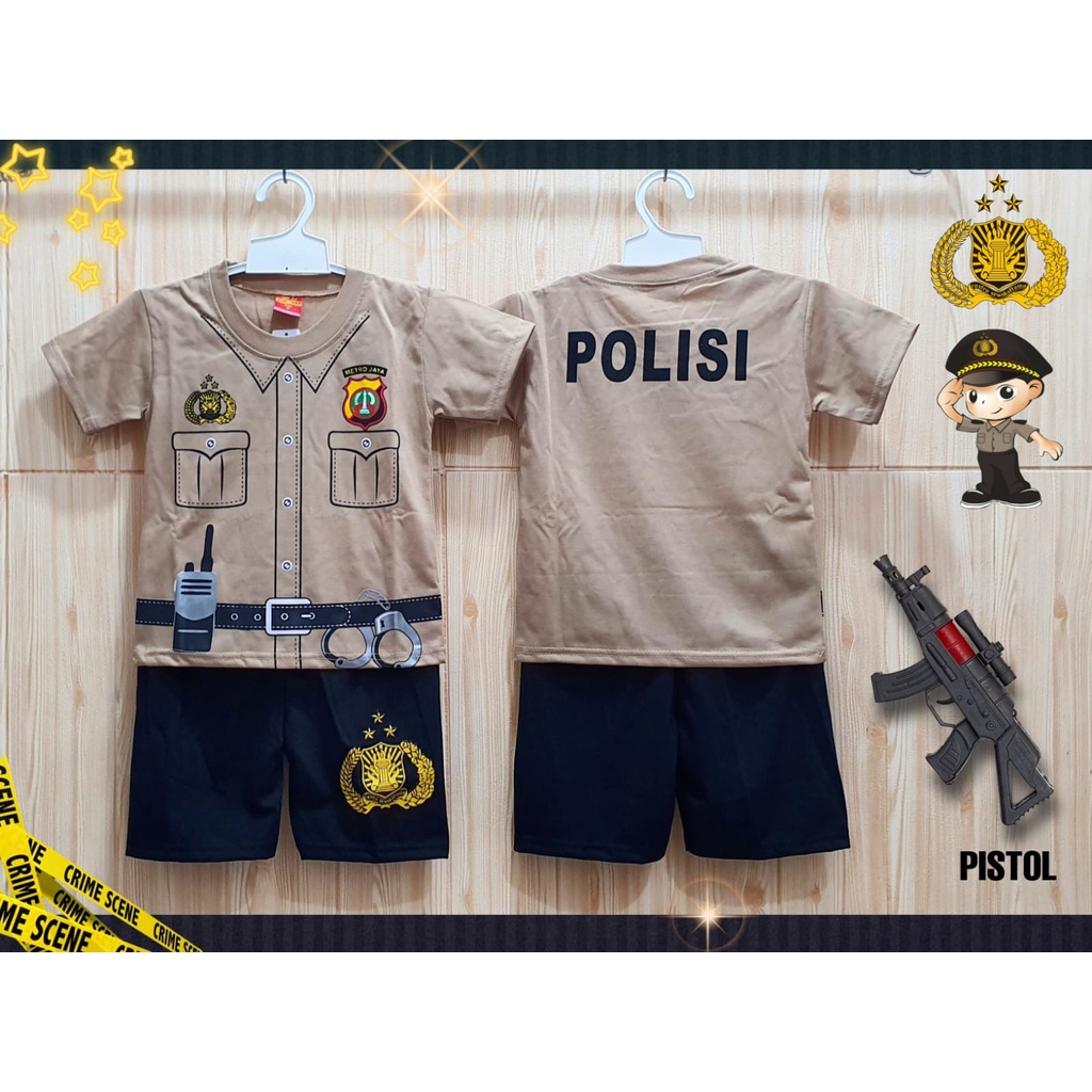 Setelan Baju Polisi Anak Laki Laki Umur 2 - 10 Tahun Pakaian Kaos