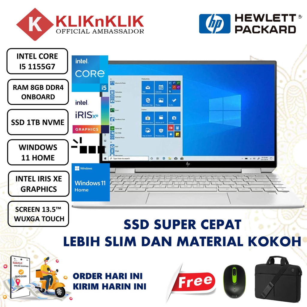 Laptop Desain HP Spectre X360 Intel Core I5 1155G7 8GB 1TB SSD WUXGA IRIS XE Windows 11 Home Silver