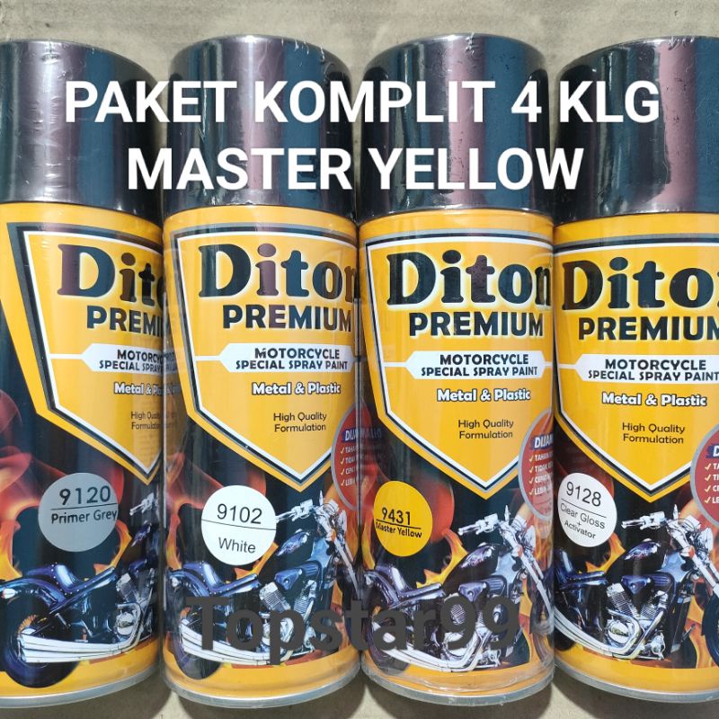 Pilok Cat Diton Premium Paket Komplit 4 Kaleng Master Yellow Kuning Tua 9431 Primer Grey 9120 White 9102 Clear Gloss 9128 400cc Pilox Paketan Cat Semprot Special Spray Paint