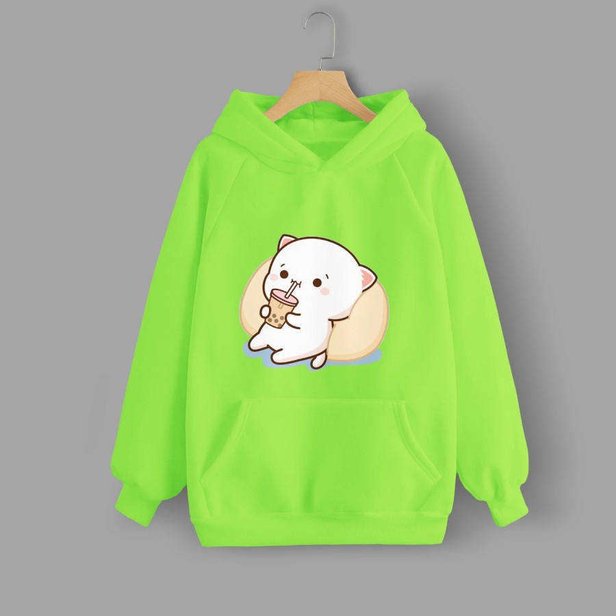 Hoodie Wanita Gambar Gomma Minum Boba Warna Neon Terbaru Vallenca Ofiicial