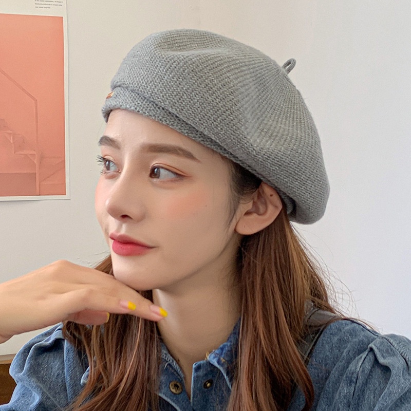 Topi Baret Bahan Wol Rajut Warna Polos Untuk Musim Gugur / Dingin