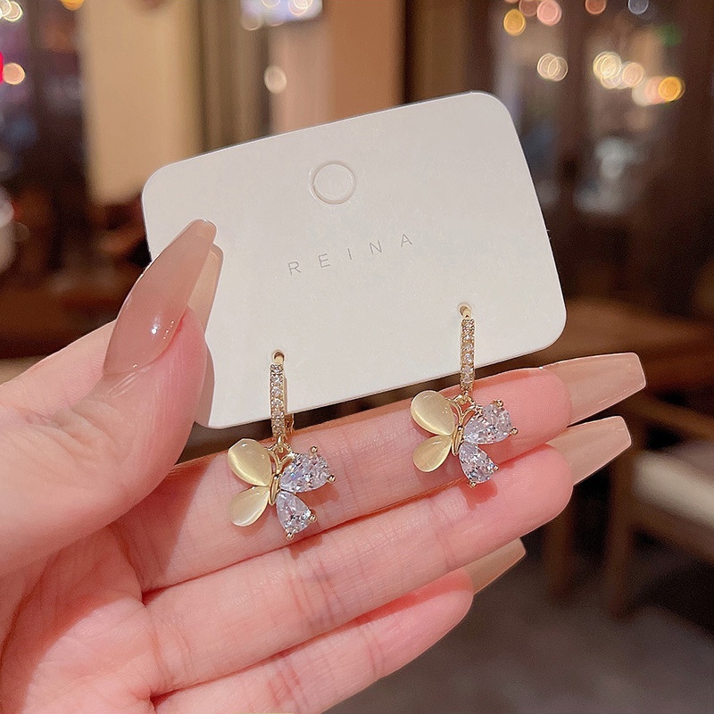 Anting Tusuk Sterling Silver 925 Desain Kupu-Kupu Hias Batu Opal / Zircon Mewah Untuk Wanita Butterfly