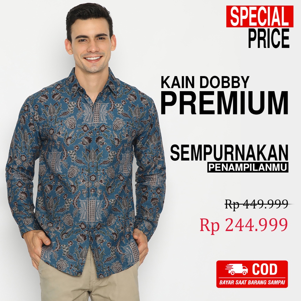 BATIK PRIA LENGAN PANJANG Kemeja Dobby Slimfit Motif Pintu Aceh Premium Biru Putih 727135 Cap 72 - Baju Kemeja Atasan Pakaian Setelan Batik Pria Cowok Laki Laki Remaja Keluarga Kantor Lengan Panjang Modern Slimfit Slim Fit Premium Kekinian