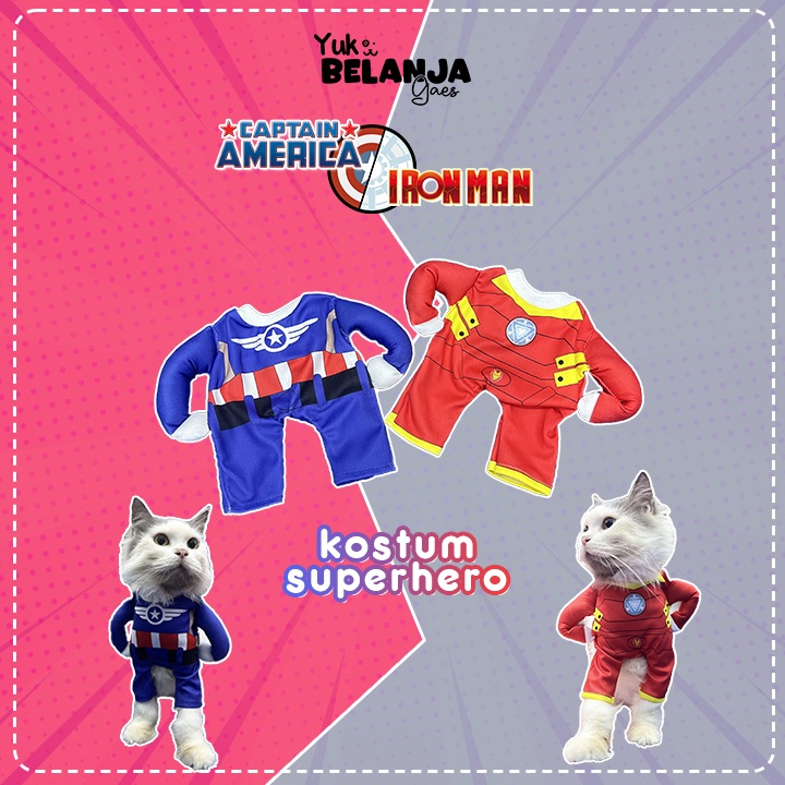 Baju Kucing Bahan Polyester Kostum Superhero Ironman Vs Kapten Amerika Terlucu Baju Kucing anjing kelinci Lucu murah Size S-XL / Yuk Belanja Gaes!