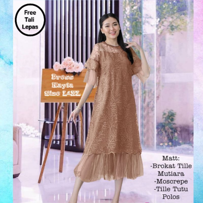 Dress Pesta Wanita Midi Terbaru Elegan/Dress Nayla Size L dan XL Matt Brokat Tille Mutiara Mix Moscrepe dan Tille Dot/Dress Pesta dan Natal Remaja Kekinian Viral/Good Quality