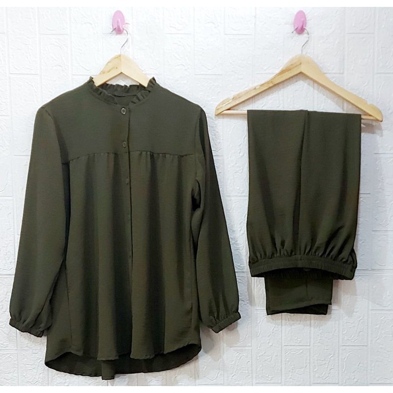 ONE SET RAYON CRINKLE AIRFLOW SETELAN // SETELAN RAYON CRINKLE AIRFLOW// DRESS RAYON // SETELAN RAYON  //BUSUI FRIENDLY//PIYAMA//PREMIUM//HOMEY//BUSUI-Army