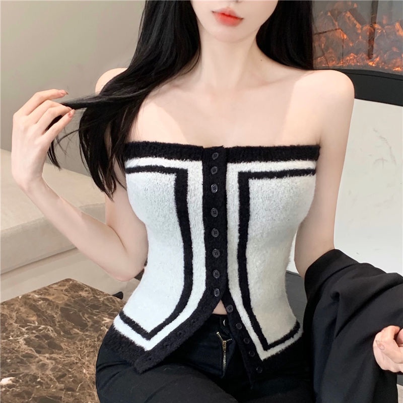 Rajutan tube top rompi mantel pendek wanita membungkus dada pakaian musim semi murni bottoming top