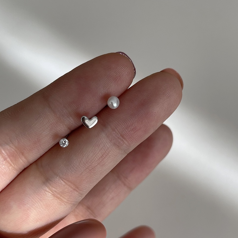 Papaozhu 3 Pcs s925 Perak Tindik Jantung Kristal Mutiara Tulang Rawan Anting Untuk Wanita Gadis Korea Manik-Manik Kecil Stud Earring Perhiasan Set