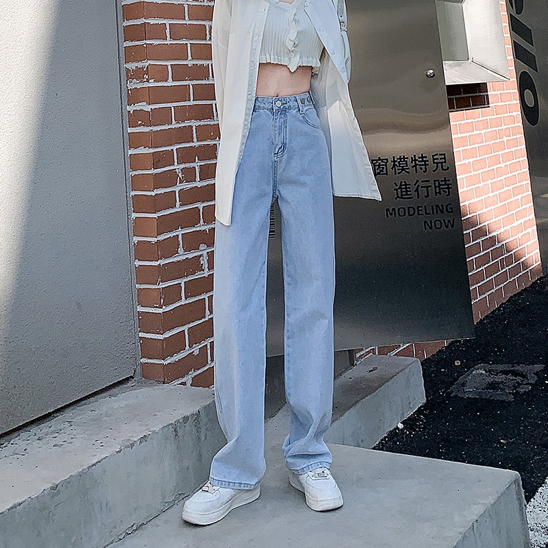 Putih / Biru Highwaist Korean Loose Celana Jeans Wanita