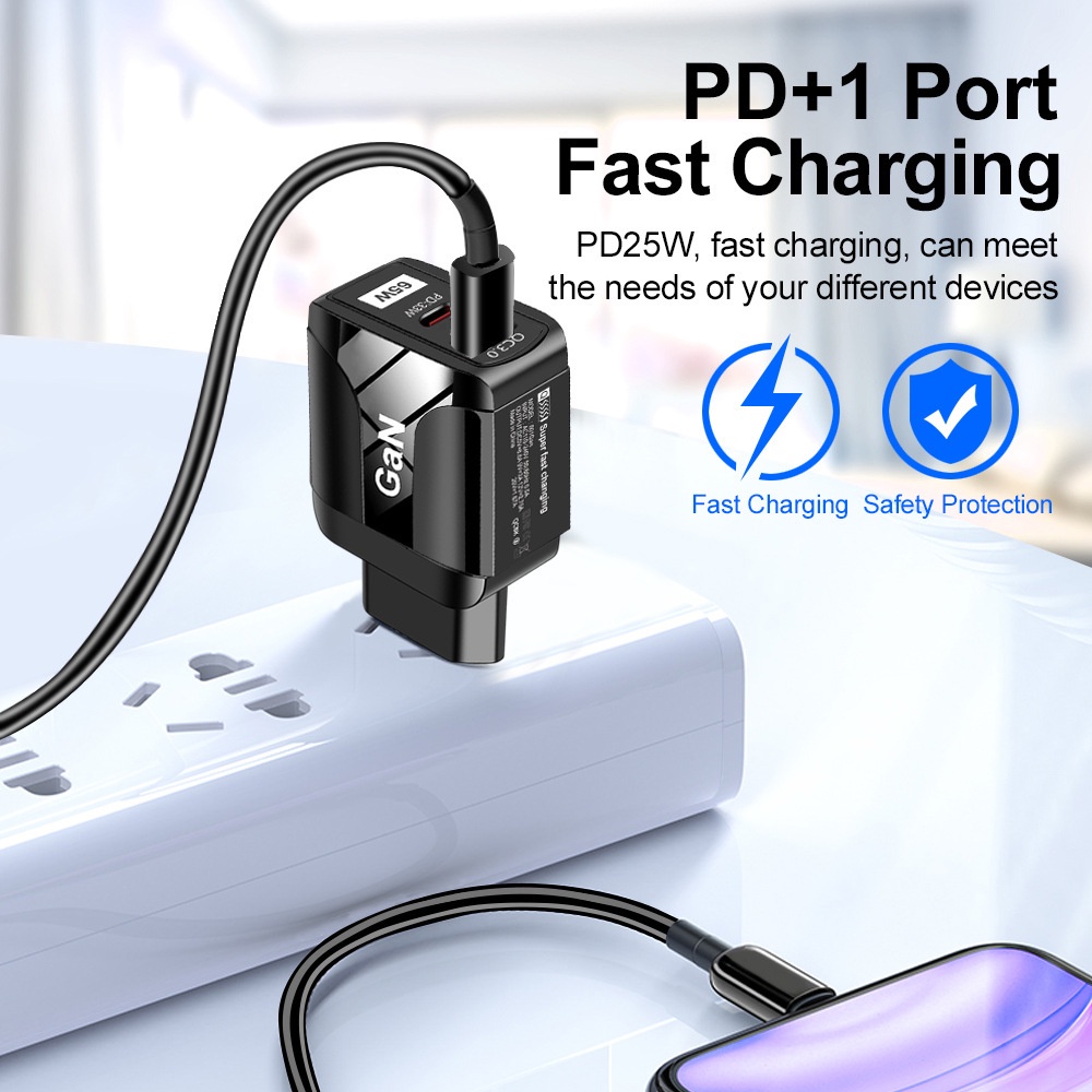 Adapter Charger Tipe C 65W GaN 9V12V Untuk Iphone 13 14 i-Pad H-uawei X-iaomi S-amsung Android QC3.0 + Pd33