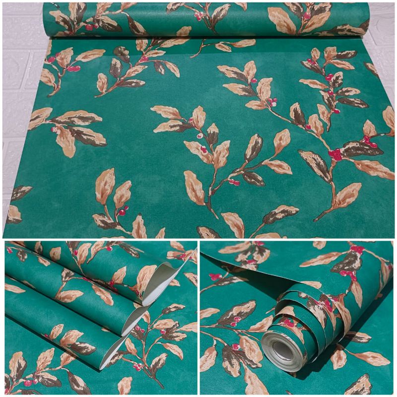 Wallpaper Sticker Dinding Hijau Polos Bertekstur Daun Krem Pucuk Bunga Cantik