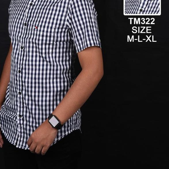 kemeja pria cowok lengan pendek motif kotak kotak hitam putih slimfit - Hitam, XL