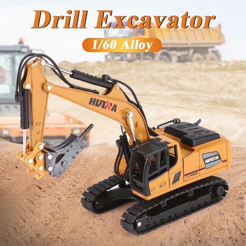 Huina Diecast 1811 Skala 1/60 Die-Cast Metal Drill Excavator Mainan Mobil Mobilan
