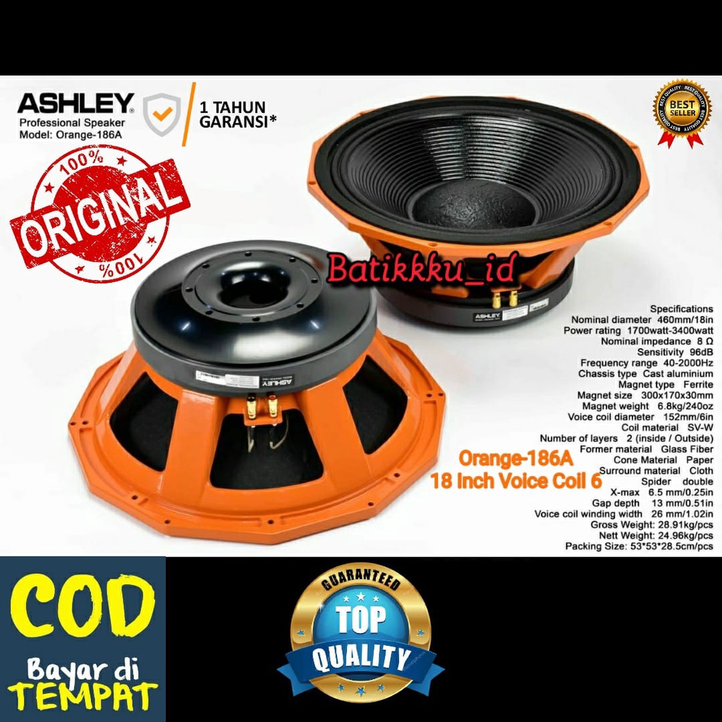 Speaker Komponen ASHLEY ORANGE 186A ORANGE 186 A ORIGINAL 18 INCH VOICE COIL 6 ORANGE186A