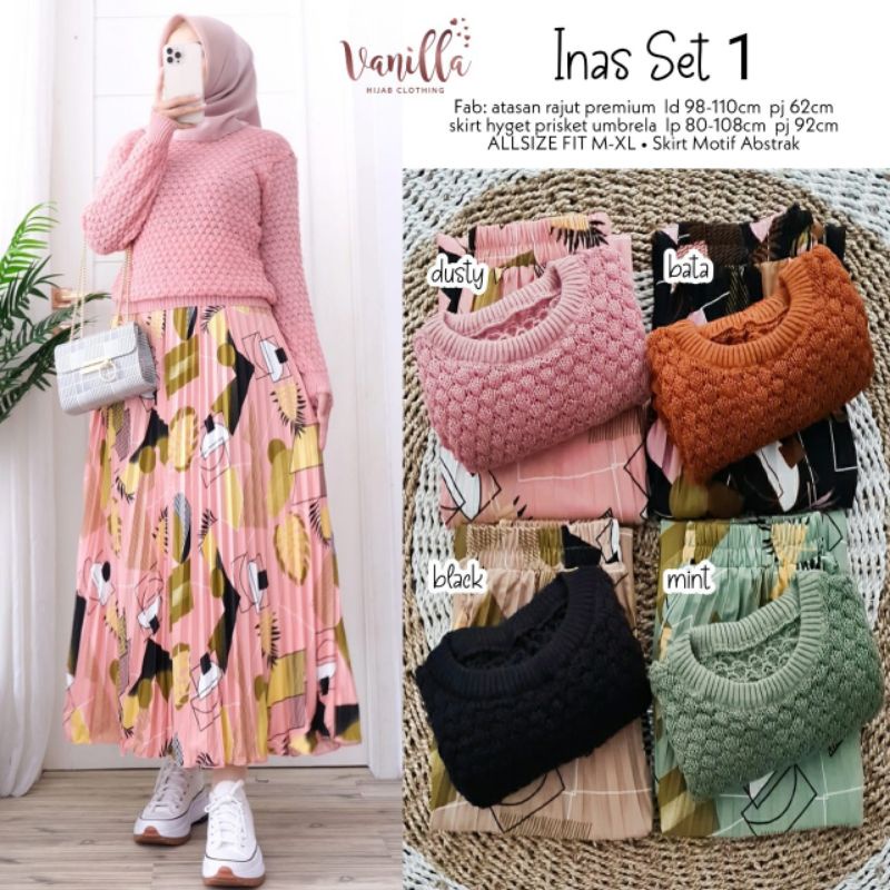 INAS 1 SET ROK ORI VANILLA • Setelan atasan rajut+rok prisket