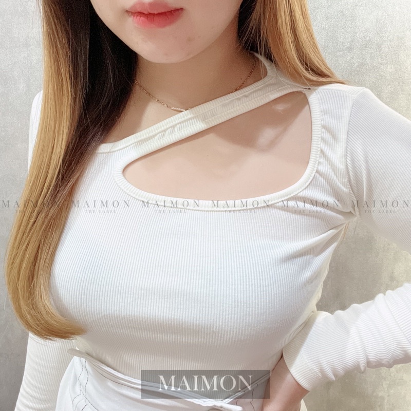 Long Sleeve Rib Fitted Asymmetric Cut Out Top | Atasan Lengan Panjang Korean Fashion | Maimon Grosir