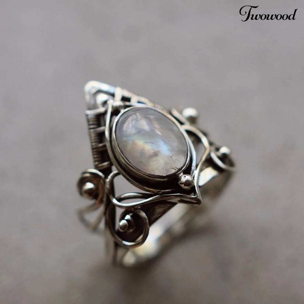 Cincin Model Hollow Aksen Batu Bulan Warna Silver Gaya Punk Untuk Wanita