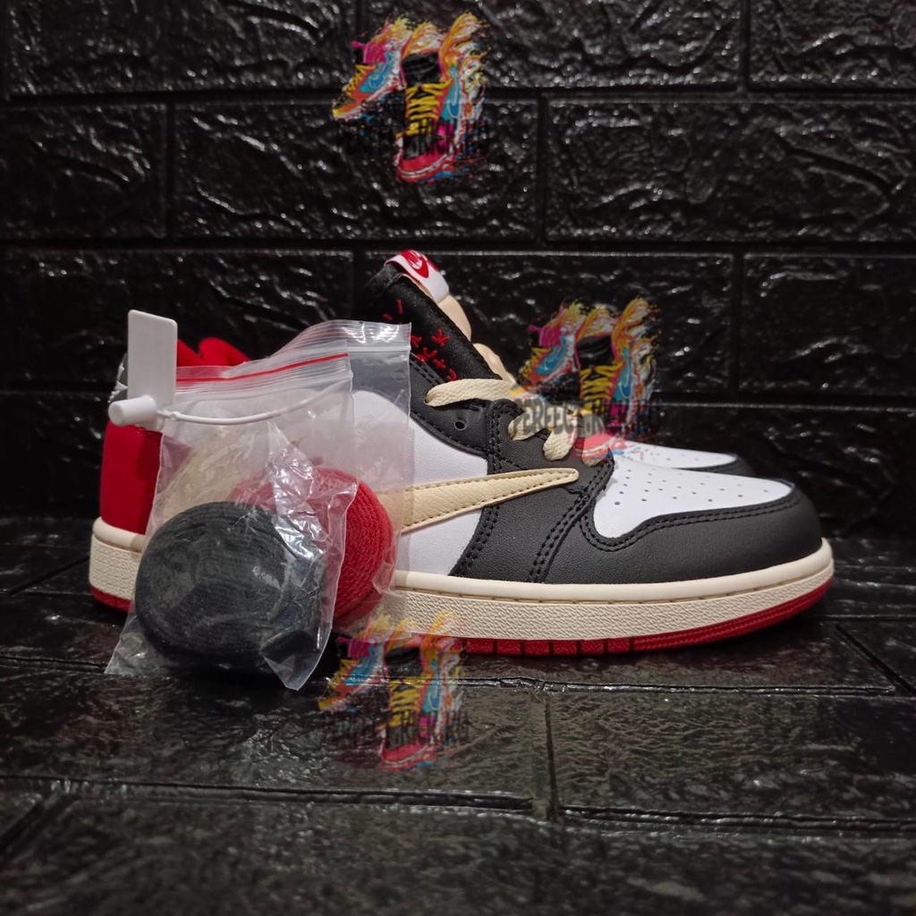 Sepatu Air Jordan 1 Low Fragment Travis White Black Red