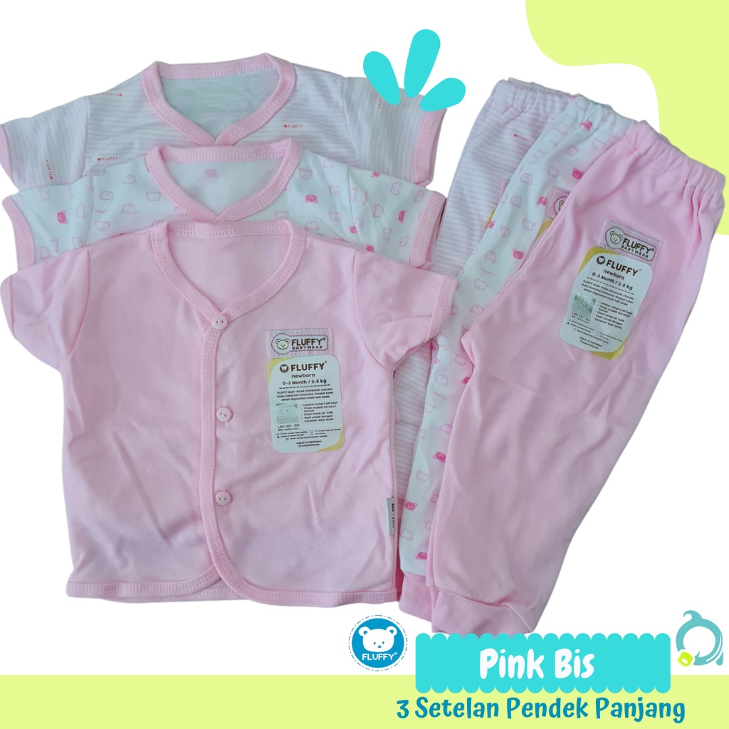 FLUFFY Pink Bis / Neci 3 Setelan Pendek Panjang ( 3 Baju 3 Celana) Baju Bayi Baru Lahir