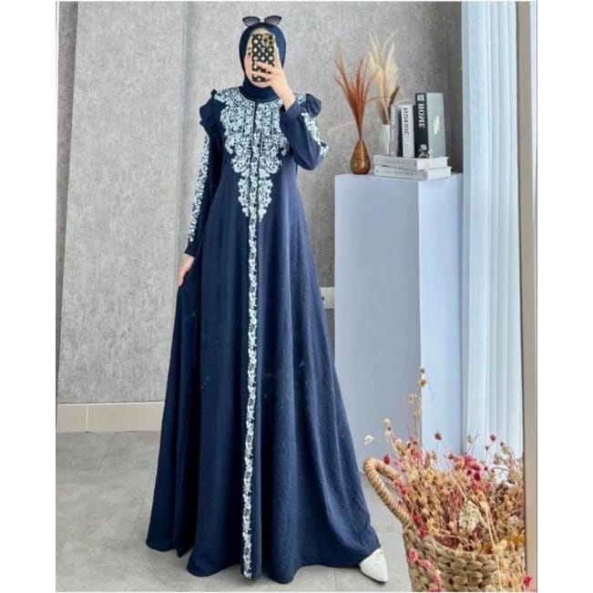 Baju Gamis Kekinian Delova Dress Kondangan Jumbo Busana Muslim Wanita Terbaru Busui Friendly Matt Crinkle AirFlow Aksen Bordir