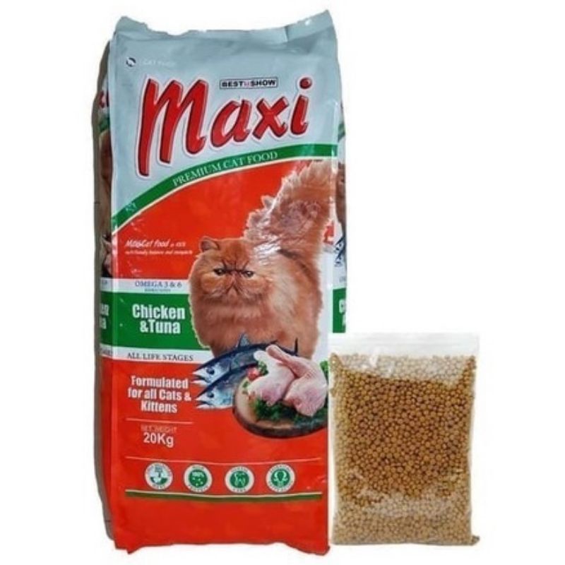 makanan kucing maxi cat repack 1kg rasa chiken tuna(paket 10kg)Gojek grab