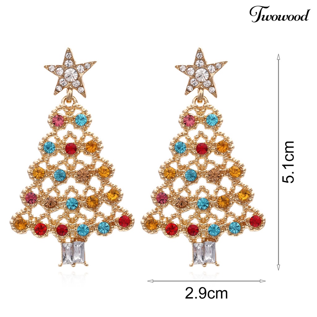 1 Pasang Anting Juntai Desain Pohon Natal Aksen Berlian Imitasi Untuk Wanita