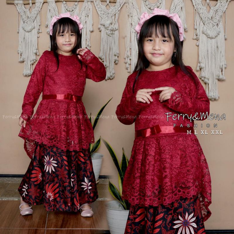 SETELAN KEBAYA BROKAT AURORA ANAK MODEL PINGWIN LENGAN PANJANG MIX ROK DUYUNG BATIK ANAK SD BAJU KEB