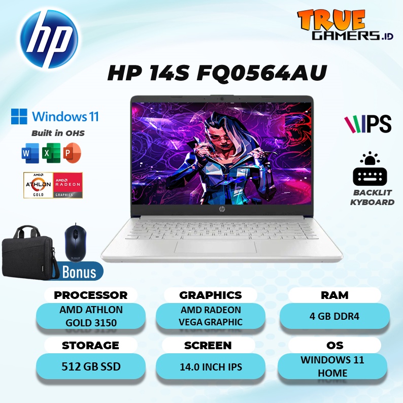 LAPTOP HP 14S  ATHLON GOLD 3150 4GB 512SSD VEGA3 Win 11 FREE OHS 14INCH GARANSI RESMI