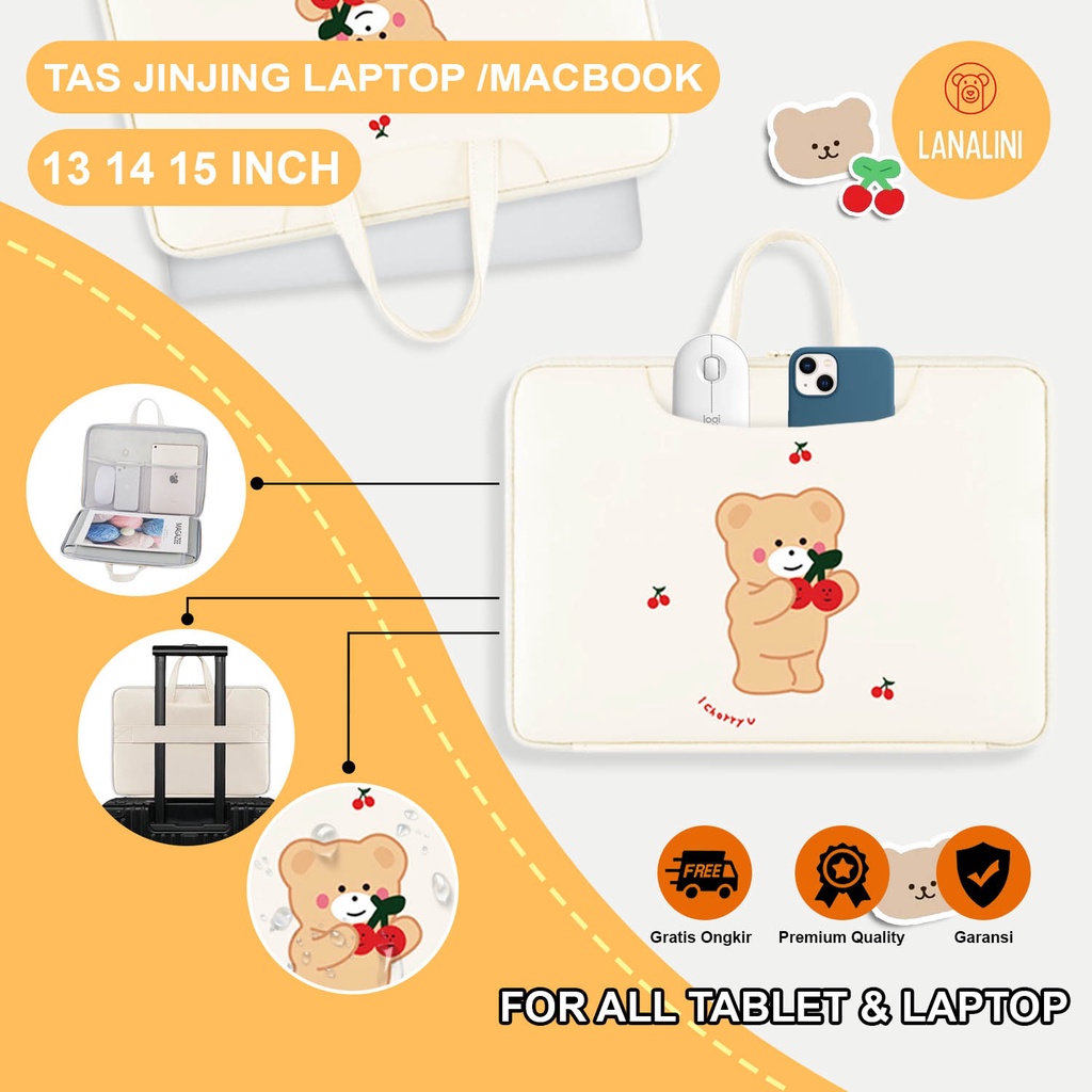 Sleeve Pouch Sarung Tas Bag Case Ipad Tab Tablet Macbook Air Pro Laptop Asus Acer Lenovo HP Huawei 11 12 13 14 15 inch Motif Gambar Cherry Bear Beruang Warna Putih Lucu Cute Murah Korean Model Jinjing Tali Strap